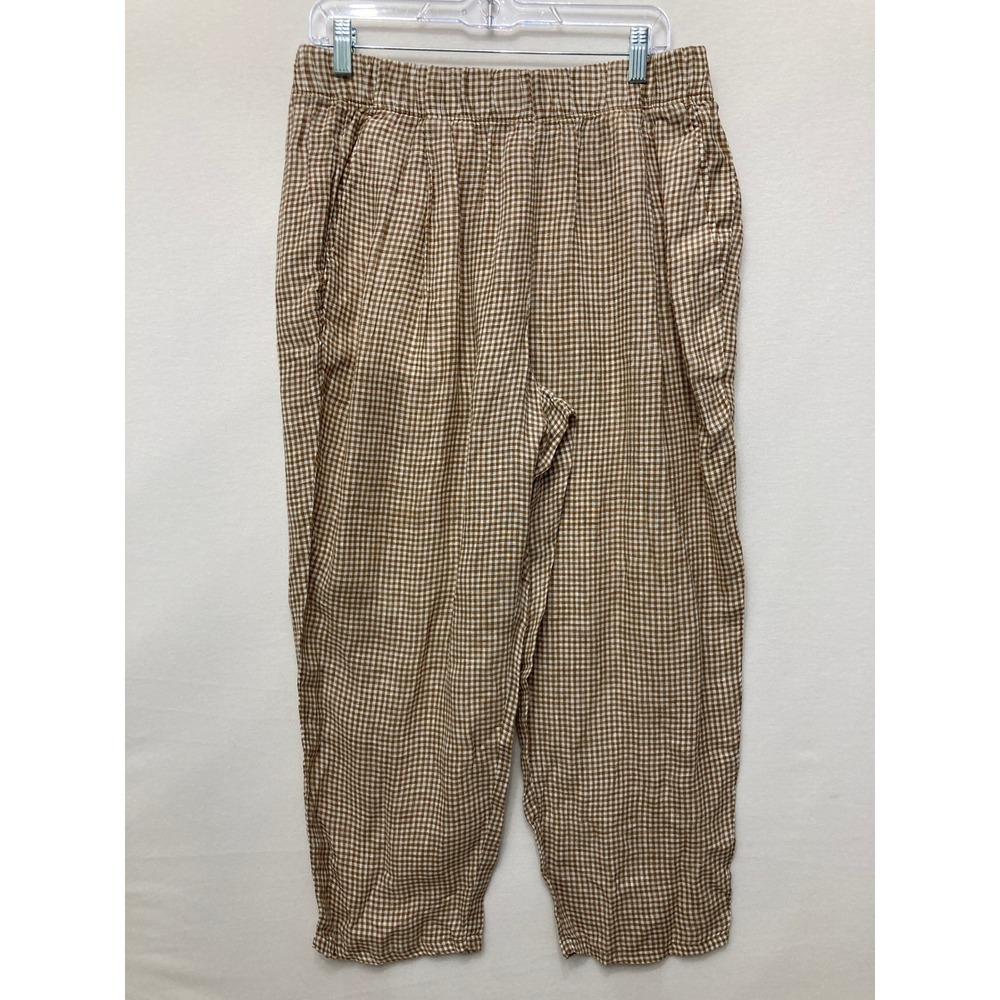 Eileen Fisher Gingham Pants Medium Brown Organic Linen Pull-on Comfy Ankle